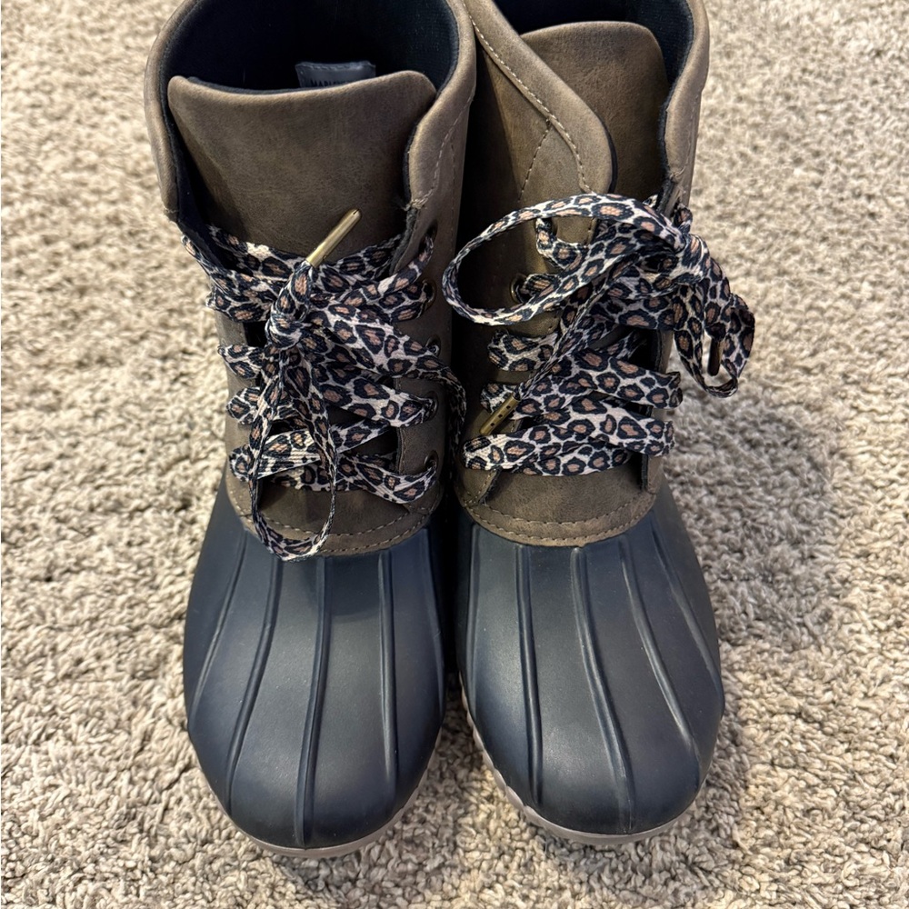 Marleylilly Women's Duck Boots - Black/ Brown / leopard print laces